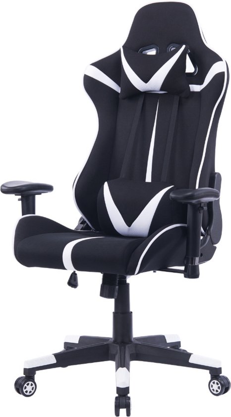 Chaise Happyment Gaming Sheffield - Tissu - Avec dossier et accoudoir - Réglable en hauteur - Ergonomique - Wit/ Zwart