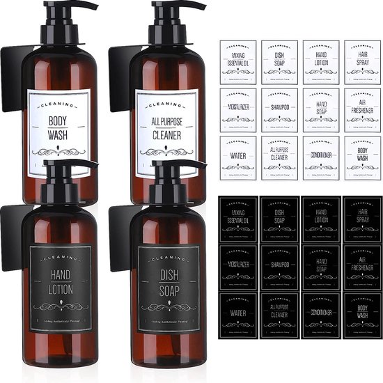 Zeepdispenser, wandbevestiging, zonder boren, handmatige dispenser, zeepdispenser, douche, zonder boren, voor douchegel, shampoo, desinfectiemiddel, afwasmiddeldispenser (2 x 200 ml