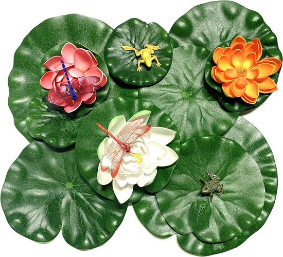 Décoration d'étang, fleur artificielle de nénuphar, fleurs de lotus nénuphar et feuilles de lotus avec grenouille libellule, fleurs flottantes, fleur de lotus, nénuphar pour bassin de jardin, décoration jardin