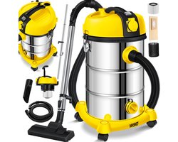 MASKO® industriële stofzuiger nat-droog roestvrij staal 2300W + stopcontact | blaasfunctie | droog en nat zuigen | Push&Clean | industriële stofzuiger met en zonder zak | zakloos - Geel
