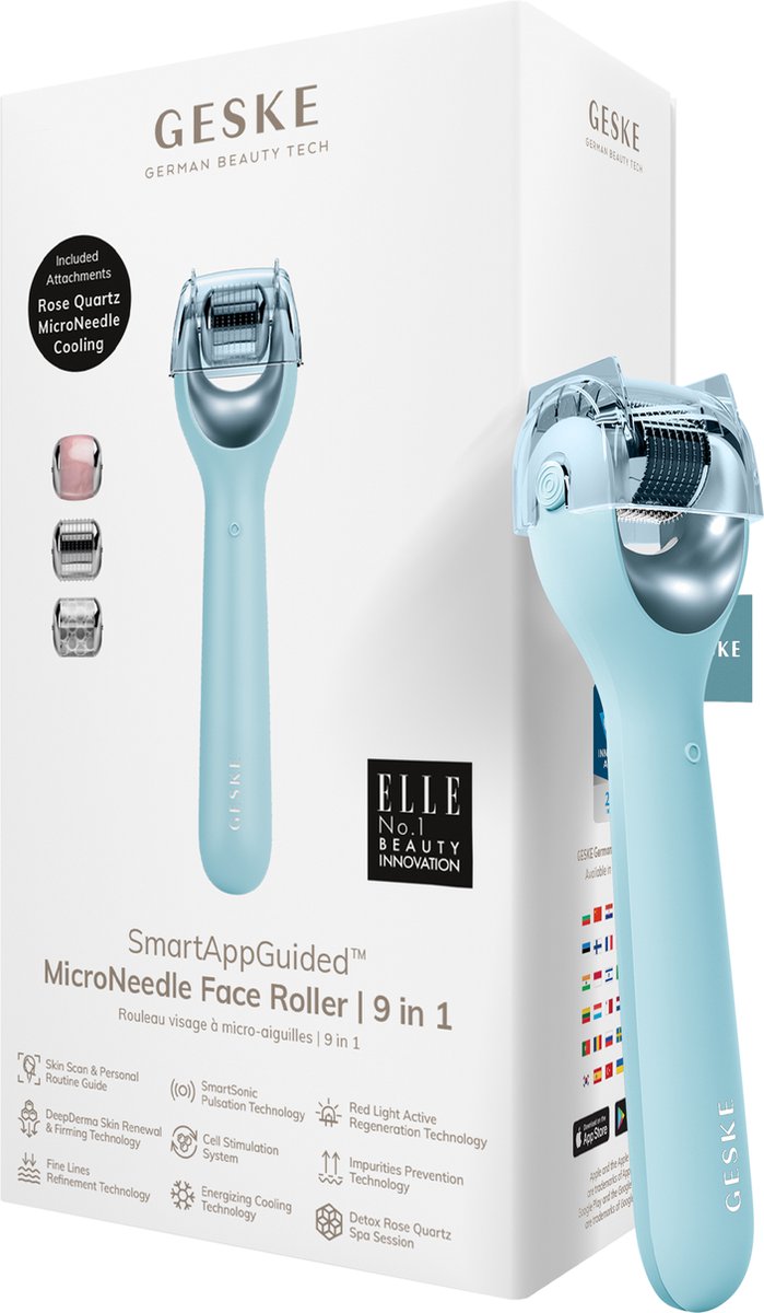 GESKE | SmartAppGuided™ MicroNeedle Face Roller | 9 in 1 | met rozenkwarts | Microneedling | Professioneel Microneedling-apparaat | Naaldroller | Schoonheidsrollergezicht | Micronaaldroller