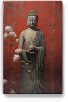 Boeddha met bloemen - Laqueprint - 19,5 x 30 cm - Niet van echt te onderscheiden handgelakt schilderijtje op hout - Mooier dan een print op canvas. - LP522