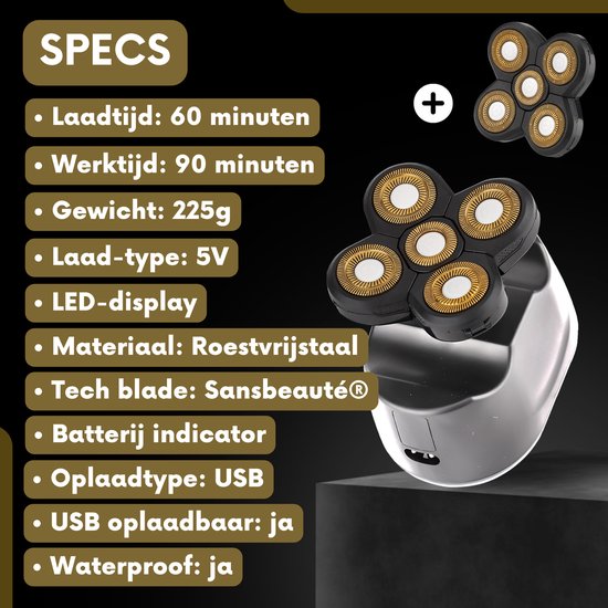Specificaties scheerapparaat: Laadtijd 60 min, Werktijd 90 min, Gewicht 225g. Scheerkop met 5 bladen.