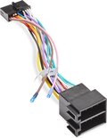 Verloopkabel voor autoradio met gekleurde draden en twee zwarte connectoren.
