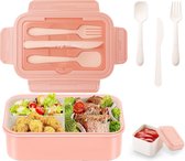 Lunchbox met 3 vakken - Roze - 1400 ml - Broodtrommel met bestek en extra bakje - Snackbox voor school, werk, picknick - Magnetron/vaatwasserbestendig