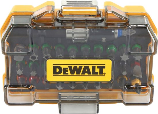 Gele DeWalt bitset in gesloten transparante cassette met gele DeWalt logo.