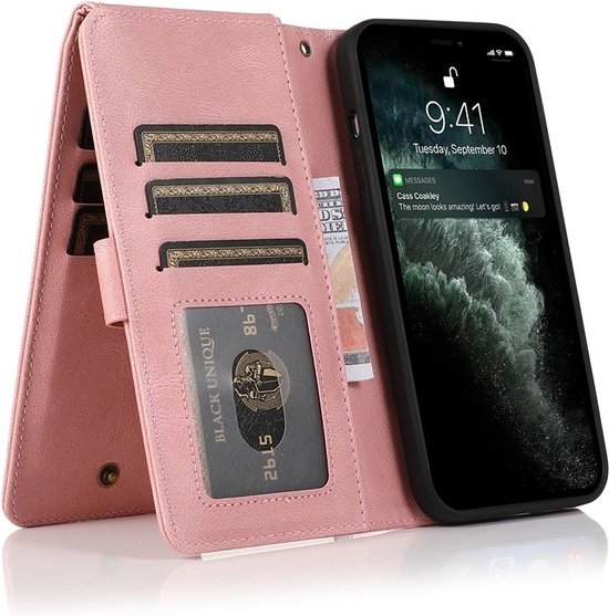 Mobiq - Zacht Leren iPhone 15 Wallet Hoesje - roze