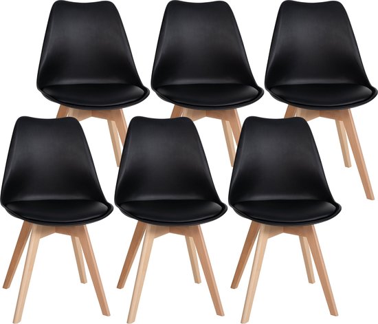 CLP Ramsey Set de 6 chaises de salle à manger - Structure en bois - Coque d'assise en plastique avec revêtement en simili cuir - noir