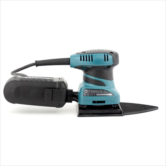 Turquoise en zwarte Makita schuurmachine met snoer.