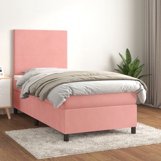 The Living Store Bed - Zacht fluweel - Praktisch hoofdbord - Pocketvering matras - Middelharde ondersteuning - Huidvriendelijk topmatras - Roze - 203 x 100 x 118/128 cm