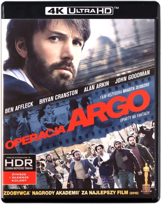 Ben Affleck op de voorgrond, met de titel ARGO in grote rode letters. Ondertitels "Operacja Argo" en "4K ULTRA HD".