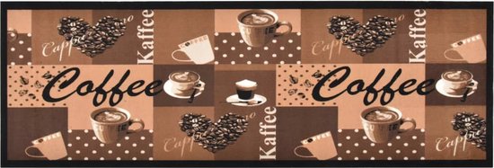The Living Store Vloermat Bruine Koffie-print - 150 x 45 cm - Machine wasbaar - Anti-slip latex onderkant