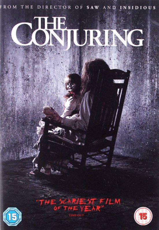 DVD-hoes van The Conjuring met een enge pop in een schommelstoel.