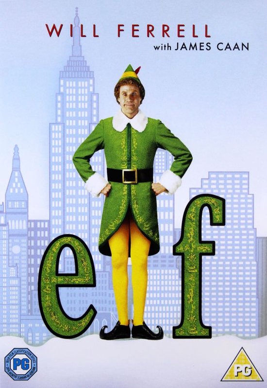Will Ferrell als Buddy de elf in een groene elfoutfit met gele panty's voor een achtergrond van New Yorkse gebouwen.