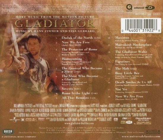 Achterkant van de "Gladiator" soundtrack met tracklist en een afbeelding van Russell Crowe.
