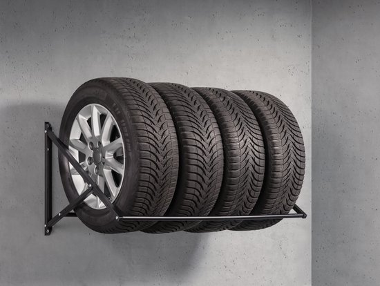Porte-pneus - 4 pneus de voiture - métal noir - Pour montage mural - Capacité de charge 100 kg - matériel de montage inclus.