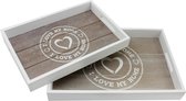 2x wooden tray - rectangular wooden tray with motif "I LOVE MY HOME" in different sizes - tray with handles (02 pieces - "I LOVE MY HOME")