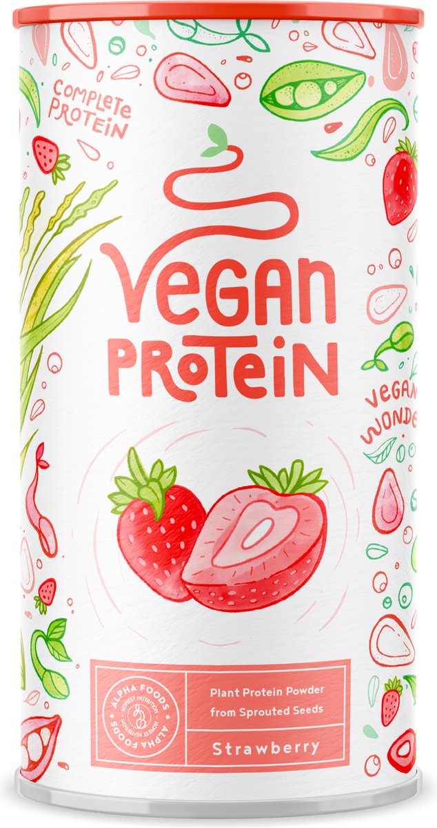 Alpha Foods Vegan Proteine poeder - Eiwitpoeder goed als maaltijdshake of ontbijtshake, Plantaardige Proteine Shake van zonnebloempitten, lijnzaad, amaranth, pompoenzaad, erwten en gekiemde rijst, 600 gram voor 40 shakes of porties, met Aardbei smaak