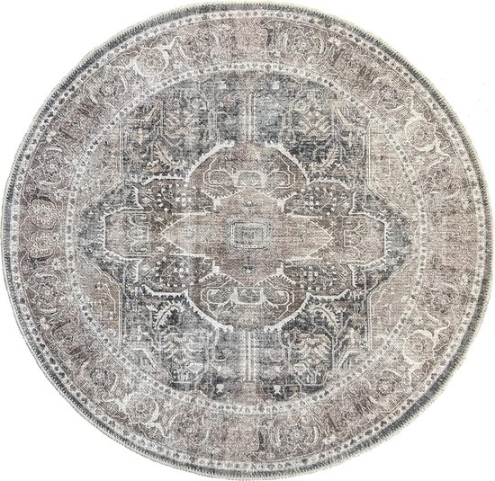 Tapis d'intérieur style Vintage utilisé en Grijs- Marron 120x120 cm - Rond - Poils ras - Lavable - Sous-couche en coton - Style Oriental - Tapis ZEN par The Carpet
