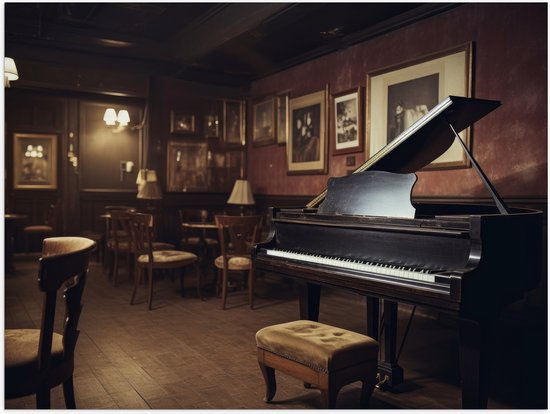 Poster Glanzend – Cafe - Tafels - Stoelen - Hout - Piano - Muziek - 80x60 cm Foto op Posterpapier met Glanzende Afwerking