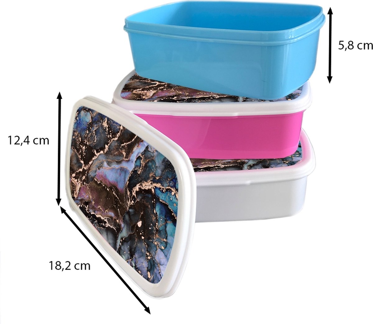 Broodtrommel Wit - Lunchbox - Brooddoos - Marmer - Goud - Rosé - 18x12x6 cm - Volwassenen