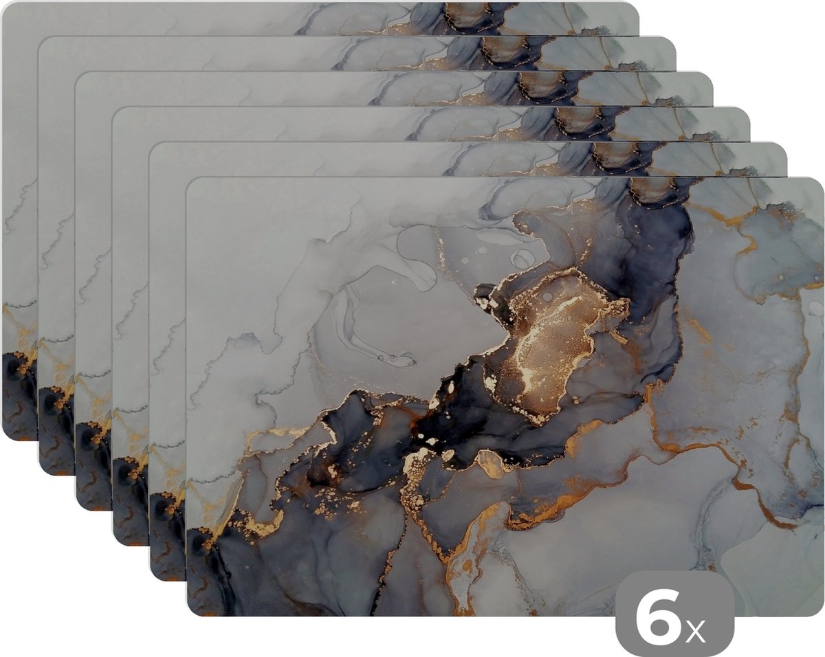 Placemats - Marmer - Zwart - Goud - Luxe - Onderleggers placemat - 45x30 cm - 6 stuks