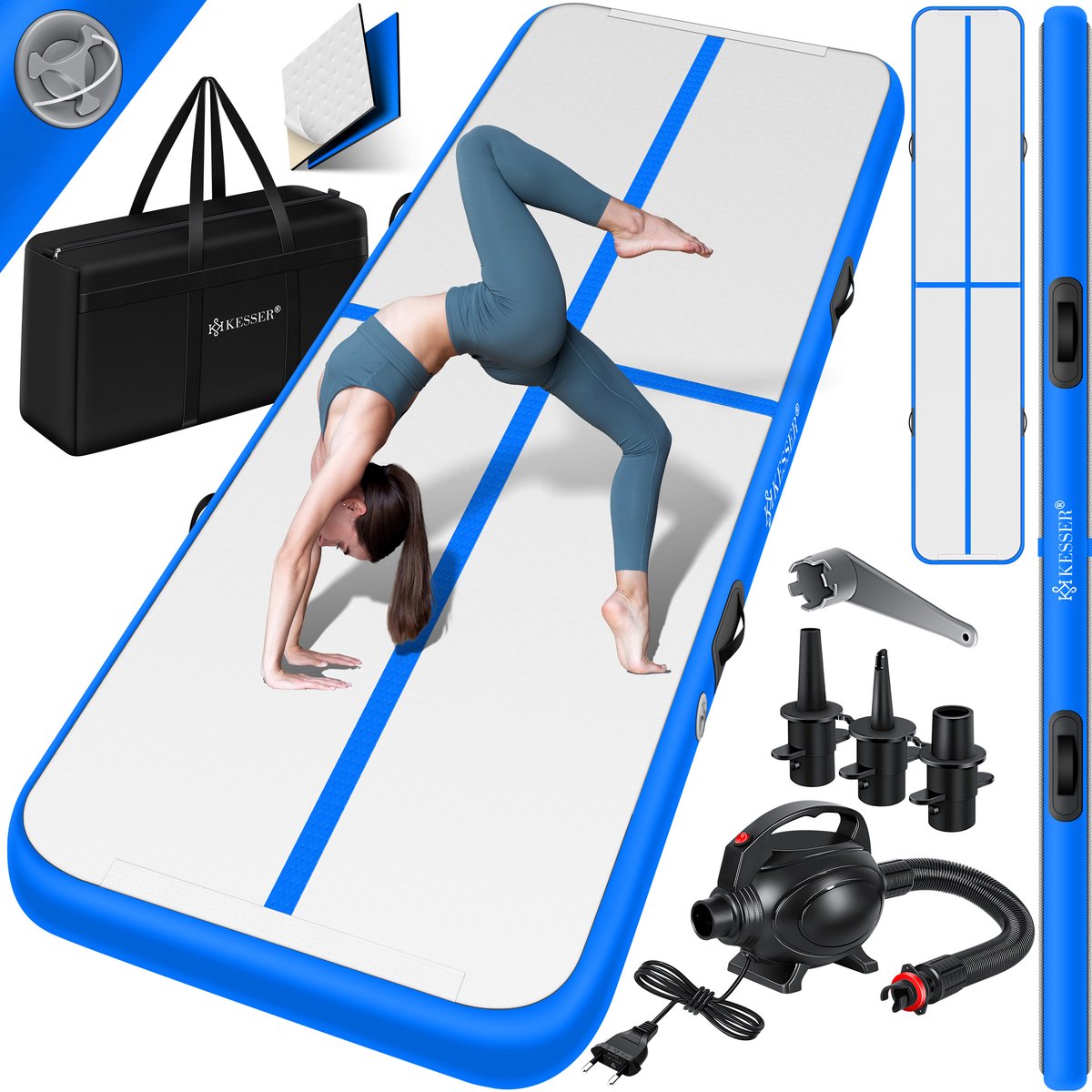 KESSER® Gymnastiekmat Opblaasbare Airtrack Fitnessmat|Yogamat,Tumblingmatten,Trainingsmat,Sportmat |Sporten & Spelen|Buiten & Binnen|incl. Draagtas & Electr. Luchtpomp - Blauw / 5M