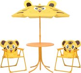 The Living Store Salon de jardin Dino - Table + 2 Chaises + Parasol - 50 cm - Jaune - Acier Polyester - Pliable - A monter