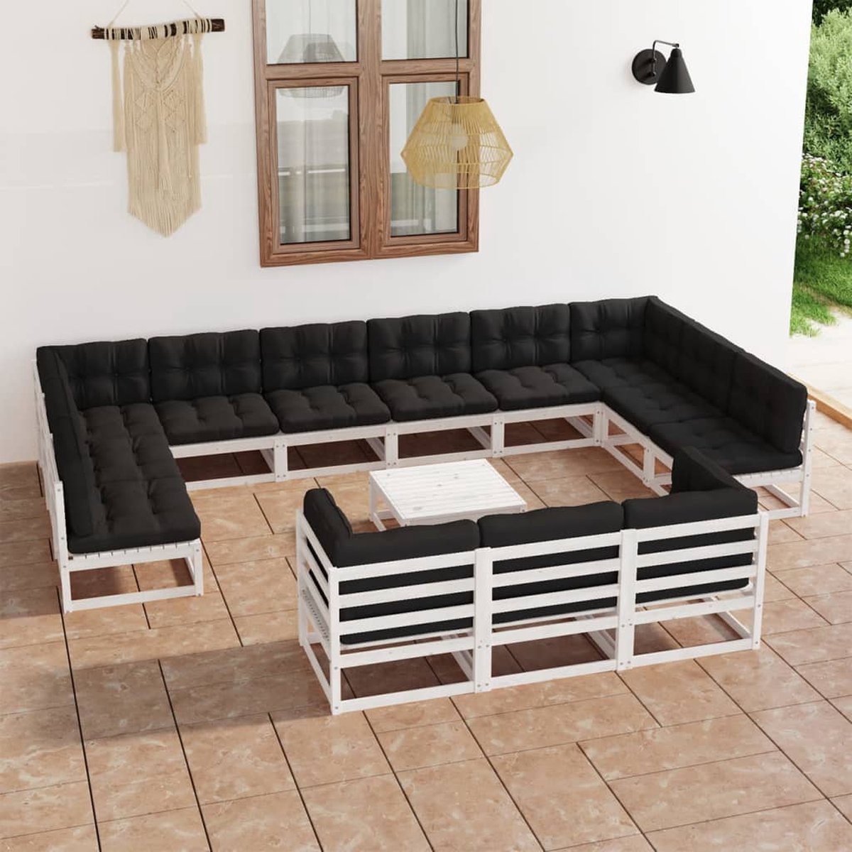 The Living Store 14-delige Loungeset met kussens massief grenenhout wit - Tuinmeubels - Lounge Set - Tuinset - Houten Tuinstoel - Buitendiner
