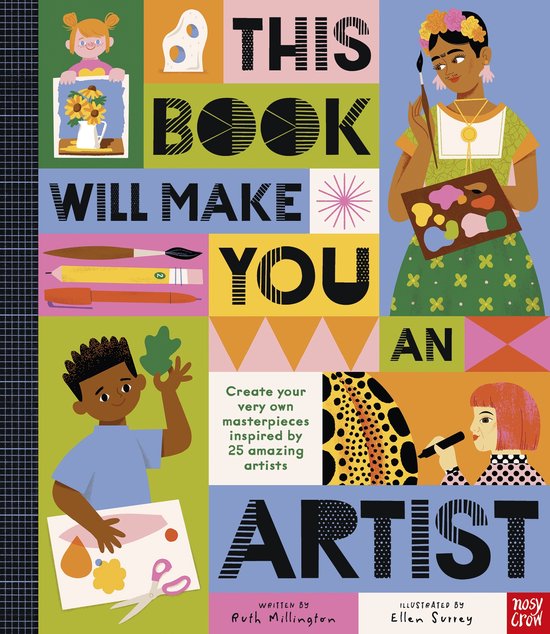 Livre 'This Book Will Make You An Artist' avec des illustrations d'enfants créant de l'art et une fille avec une palette et un pinceau.