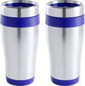 Warmhoudbeker/thermos isoleer koffiebeker/mok - 2x - RVS - zilver/blauw - 450 ml - Reisbeker