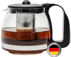 NORDIC SCHILLER Premium kleine glazen theepot 1250 ml , hittebestendig glas, kan met deksel, theepot met zeef, inzettheepot met roestvrijstalen filterzeef, theemaker, theepot met zeef