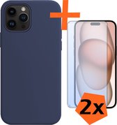 Hoesje Geschikt voor iPhone 15 Pro Hoesje Siliconen Cover Case Met 2x Screenprotector - Hoes Geschikt voor iPhone 15 Pro Hoes Back Case - Donkerblauw