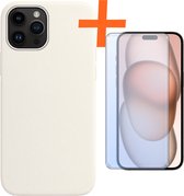 Hoesje Geschikt voor iPhone 15 Pro Hoesje Siliconen Cover Case Met Screenprotector - Hoes Geschikt voor iPhone 15 Pro Hoes Back Case - Wit