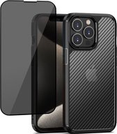 Geschikt voor iPhone 15 Pro Max Carbon Hoesje + Privacy Screenprotector – Privé - Gehard Glas Cover - Carbon Shock Proof Cover Case