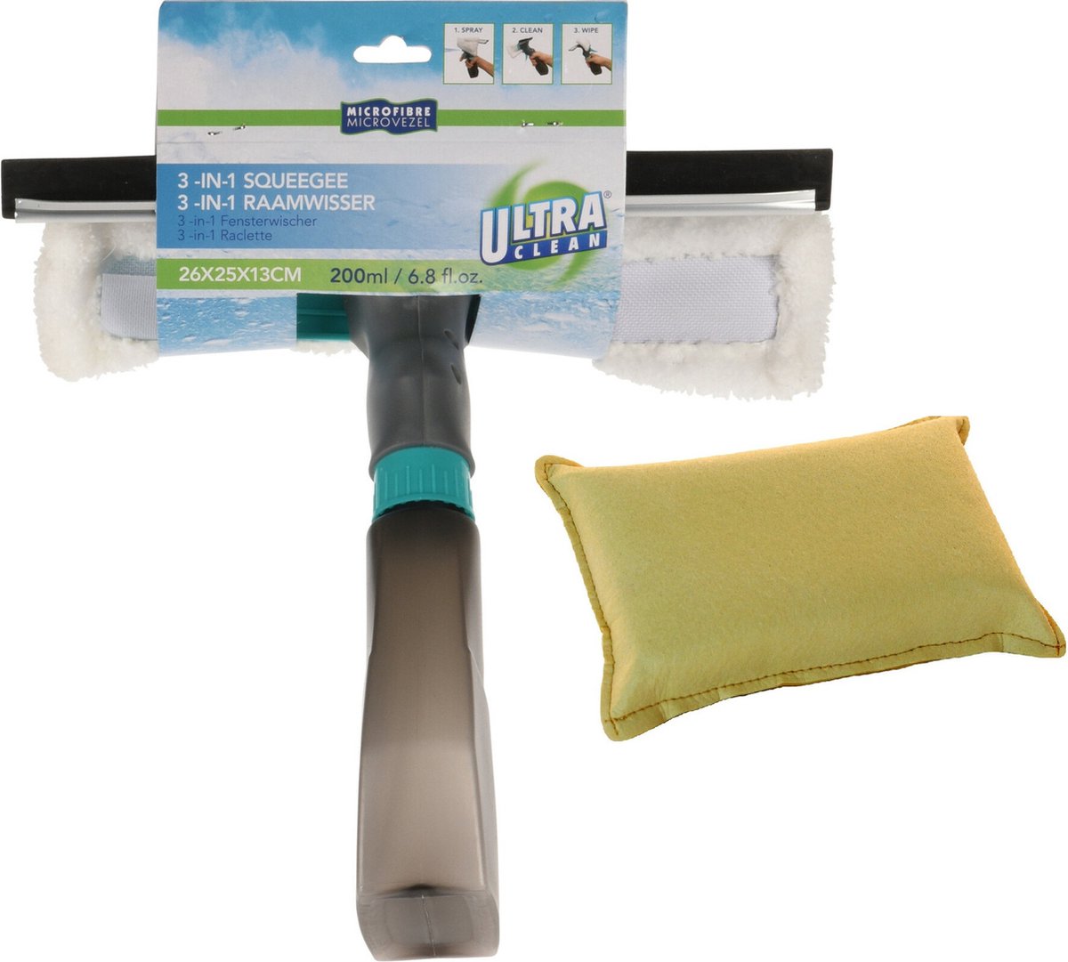 Raamwisser/Raamtrekker met zeemspons - 3 in 1 - zwart - kunststof - 26 cm