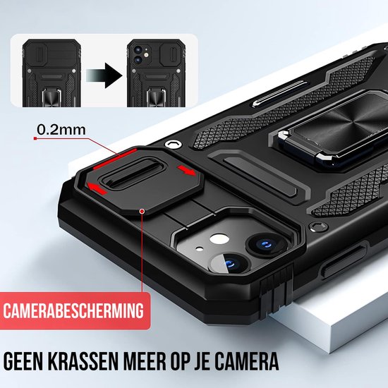 Podec Coque pour iPhone 11 Zwart - Coque Anti-Choc Hybride Armure avec Ring de Béquille et Protecteur d'écran