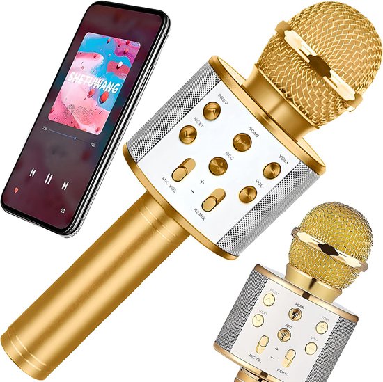Microphone karaoké Bluetooth sans fil doré 2 en 1 avec haut-parleur 5 W –  Jusqu'à 14... | bol