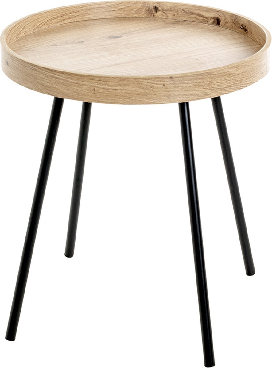 Bijzettafel – Zwart staal met licht eiken decor – Rond model – 40 cm diameter, 45 cm hoog