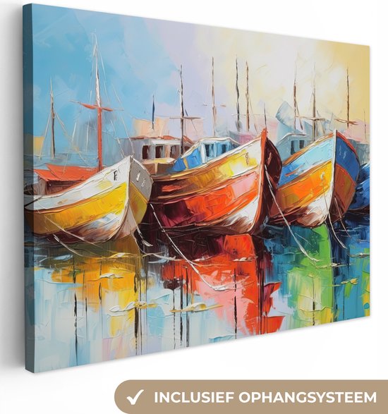 Canvas schilderij - Boten - Kunst - Verf - Zonsondergang - Canvasdoek - Schilderijen op canvas - Muurdecoratie slaapkamer - Woonkamer - Kamer decoratie - 40x30 cm - Foto op canvas - Canvas doek