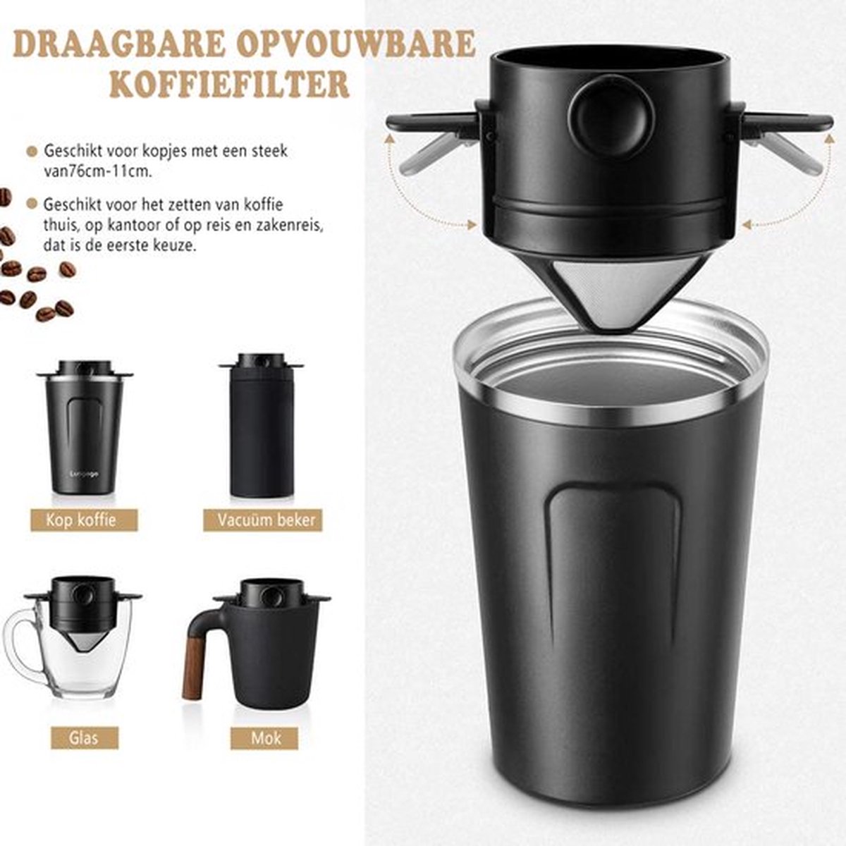 Koffiefilter - Koffiefilterhouder Set van 2 - RVS - Permanent Koffiefilter-herbruikbaar - geen filterpapier nodig - voor het kamperen thuis kantoor reizen - Zwart & Wit — cadeau in Kookcadeaus - foto 4