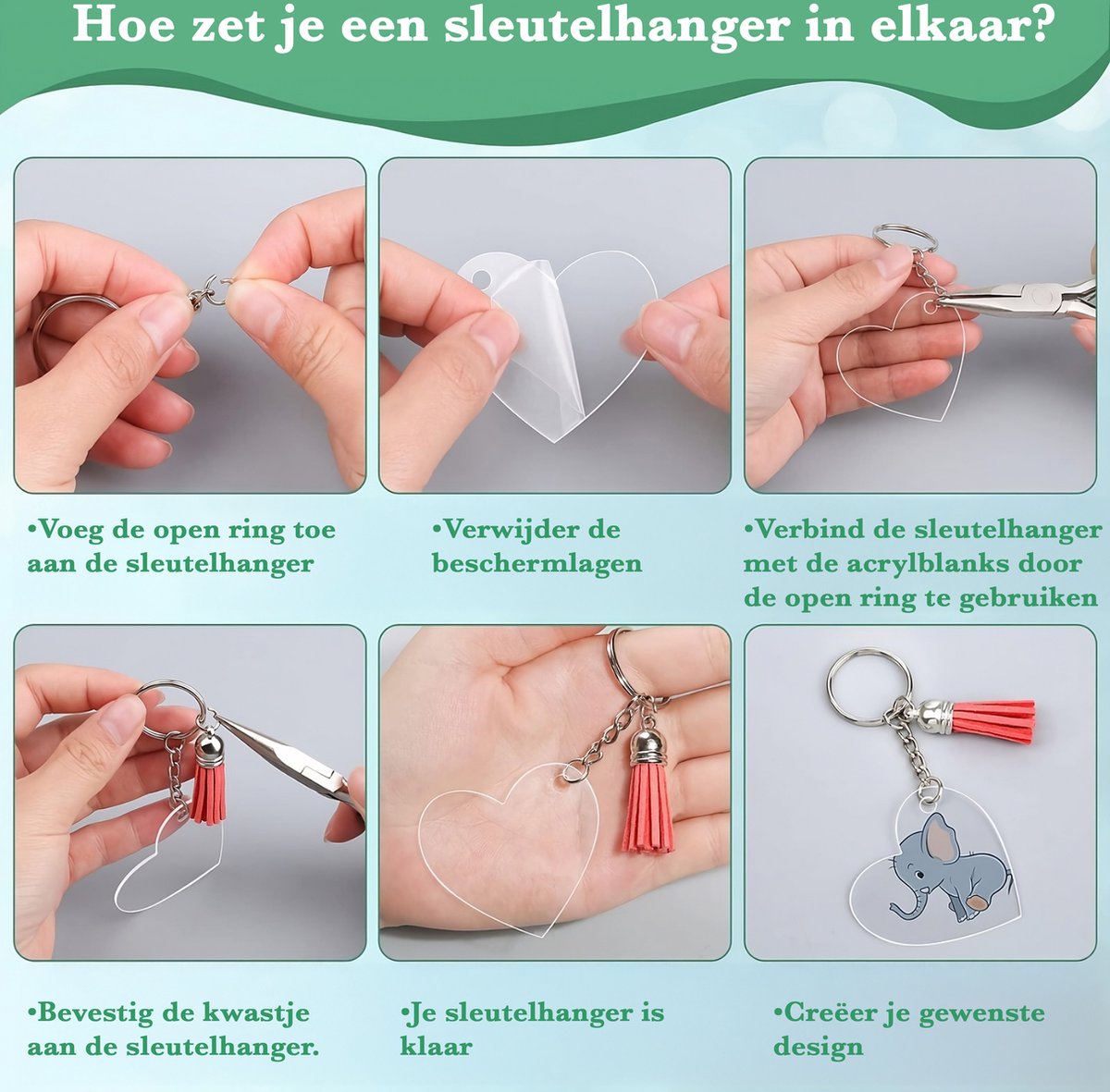 155-Delig DIY Sleutelhangers Maken Knutselpakket met Sleutelringen, Kwastjes, Blanco Transparant Plastic Plexiglas - Foto/Sleutellabels Personaliseren - Knutselen Meisjes, Jongens, Volwassenen Sieraden Hobby - Leeg Acryl Plaat Keychain Graveren — afbeelding 11