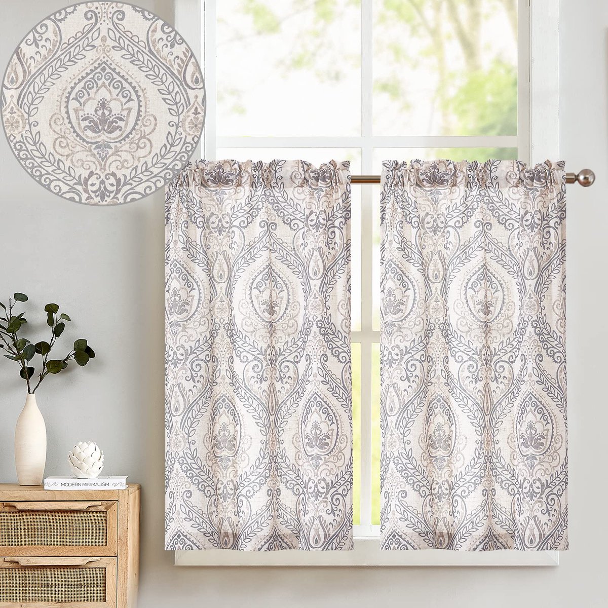Goodivery ® Stijlvolle Vitrage Gordijnen Set van 2 voor Keuken en Woonkamer met Modern Bloemenpatroon