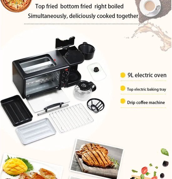 3-in-1 , Multifunctioneel Ontbijtmachine Met Koffiezetapparaat Bakoven Worstjes Bakken Toaststoffen Minioven 9 L