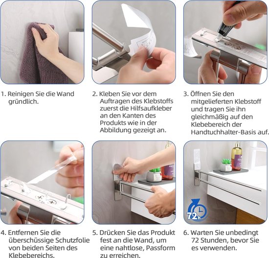 Dubbele handdoekhouder zonder boren - Draaibare zelfklevende handdoekstang voor badkamer en keuken - 40 cm zilver — afbeelding 3