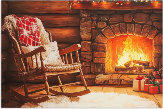 Poster 90x60 cm - Winter - Kerst - Huis - Openhaard - Posters - Kamer decoratie - Wanddecoratie woonkamer - Kerstdecoratie voor binnen - Kerstversiering - Kerstmis versiering in huis - Christmas decorations