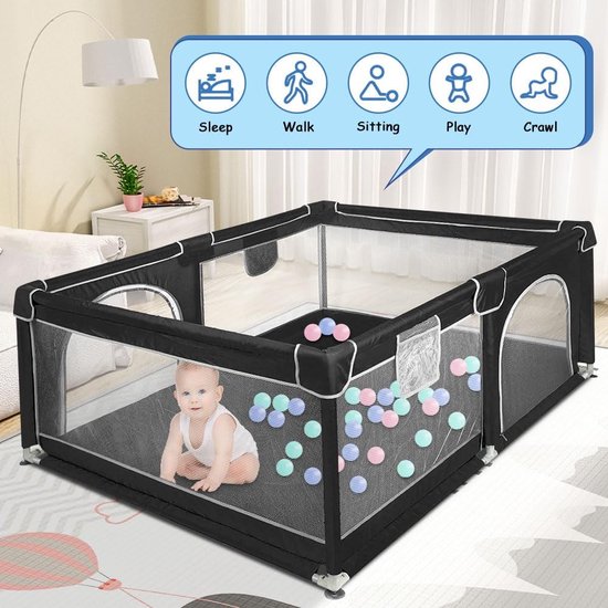 XMTECH Babybox, afsluithek, 180 x 150 cm, activiteitencentrum, beschermrooster, kruipruimte voor kinderen, met antislip basis, ademend net XMTECH Babybox, afsluithek, 180 x 150 cm, activiteitencentrum, beschermrooster, kruipruimte voor kinderen, met antislip basis, ademend net
