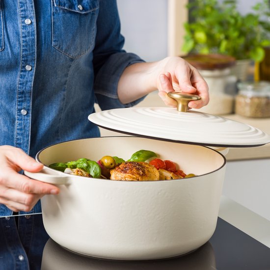 BK Bourgogne Braadpan Gietijzer 28cm/6.7l - inductie braadpan - gietijzeren braadpan - ovenbestendig tot 230 graden - deksel met druipringen - wit geëmailleerde binnenkant - Cream White