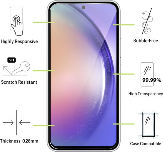 Screenprotector van 0,26 mm dik, krasbestendig, hoge transparantie, gevoelig, bubbelvrij, geschikt voor hoesjes.