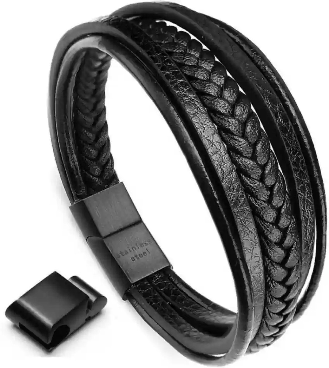 iBright Leren armband Inclusief Verlengstuk - Zwart - Armband Heren - Zwart Leer met Stalen Sluiting - Leren Armbanden - Schoencadeautjes Sinterklaas Cadeautjes Mannen